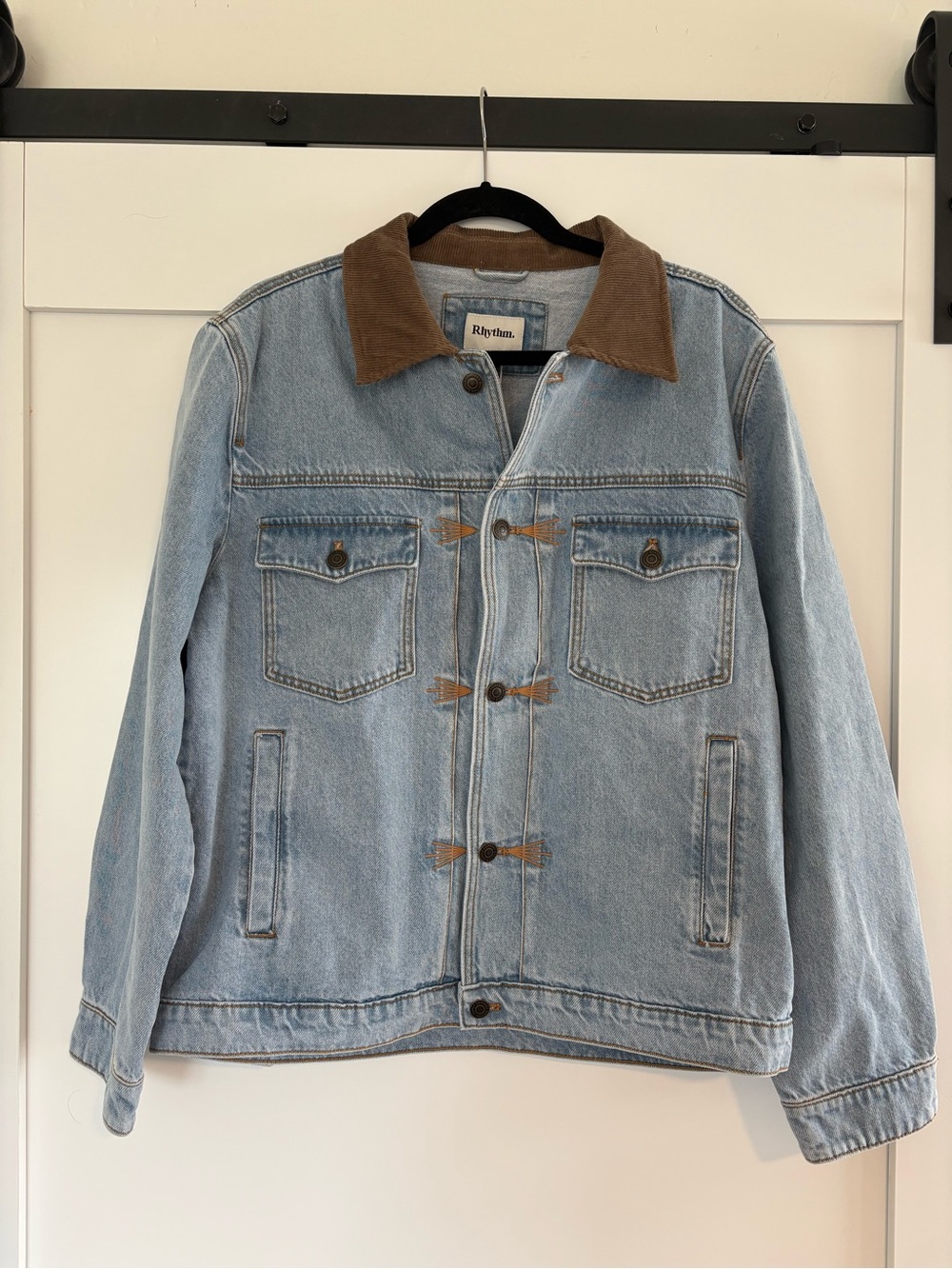 Rhythm. Light Blue Denim Trucker Jacket with Brown Corduroy Collar